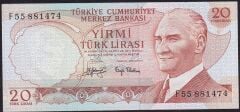 6.Emisyon 3.Tertip 20 Lira F55 881474 Ççt Çilaltı