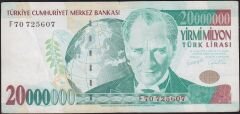 7.Emisyon 20 000 000 Lira F70 725607 Çok Temiz