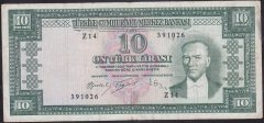 5.EMİSYON 4.TERTİP 10 LİRA Z14 391026 ÇOK TEMİZ ( DÜZLEME VAR )