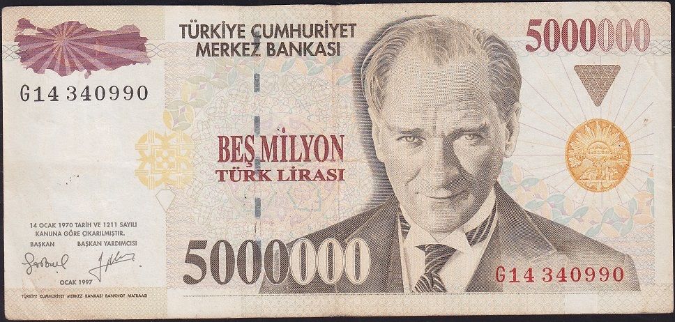 7.Emisyon 5 000 000 Lira G14 340990 Çok Temiz+