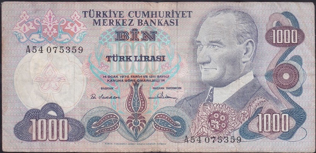 6.Emisyon 1.Tertip 1000 Lira A54 075359 Çok Temiz