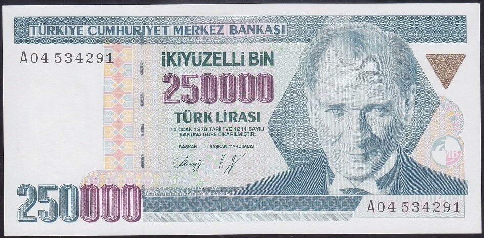 7.EMİSYON 1.TERTİP 250000 LİRA A04 534291 ÇİLALTI ÇİL ( BANDROL BASKI İZİ VAR )