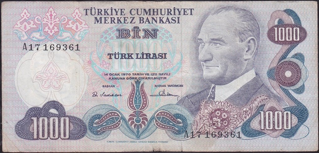 6.Emisyon 1.Tertip 1000 Lira A17 169361 Temiz +