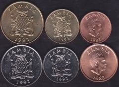 Zambia 6 Adet Madeni Para Seti 1983 - 1992 Çil