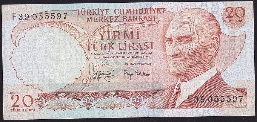 6.Emisyon 3.Tertip 20 Lira F39 055597 Çok Temiz+