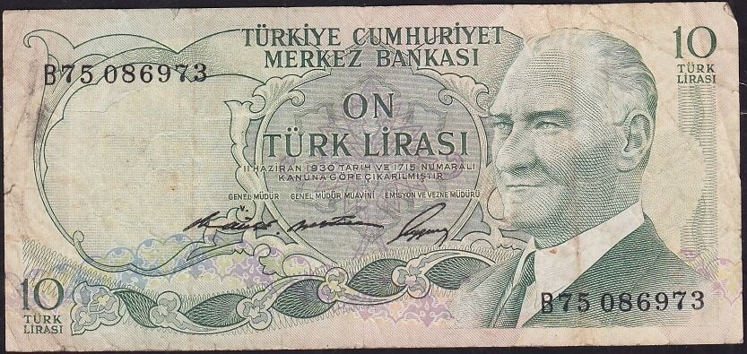 6.Emisyon 1.Tertip 10 Lira B75 086973 Çok Temiz