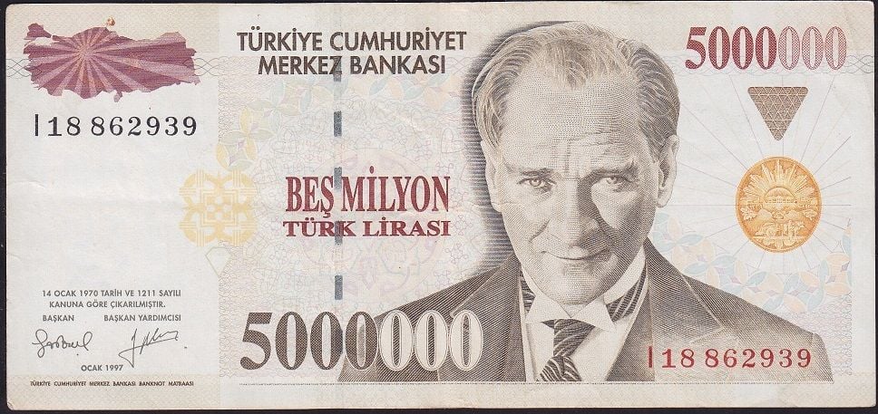 7.Emisyon 5 000 000 Lira I18 862939 Çok Temiz+