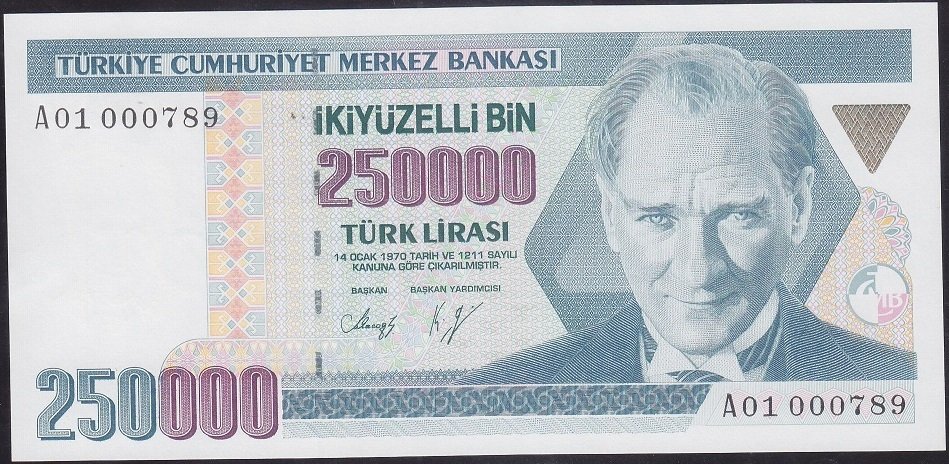 7.EMİSYON 1.TERTİP 250000 LİRA A01 000789 ÇİL ( İLK BİNDE )