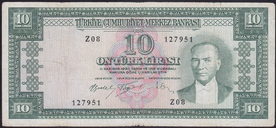 5.EMİSYON 4.TERTİP 10 LİRA Z08 127951 ÇOK TEMİZ ( YIKAMA VAR )