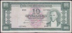 5.EMİSYON 4.TERTİP 10 LİRA Z08 127951 ÇOK TEMİZ ( YIKAMA VAR )