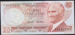 6.Emisyon 3.Tertip 20 Lira F32 115539 Çilaltı