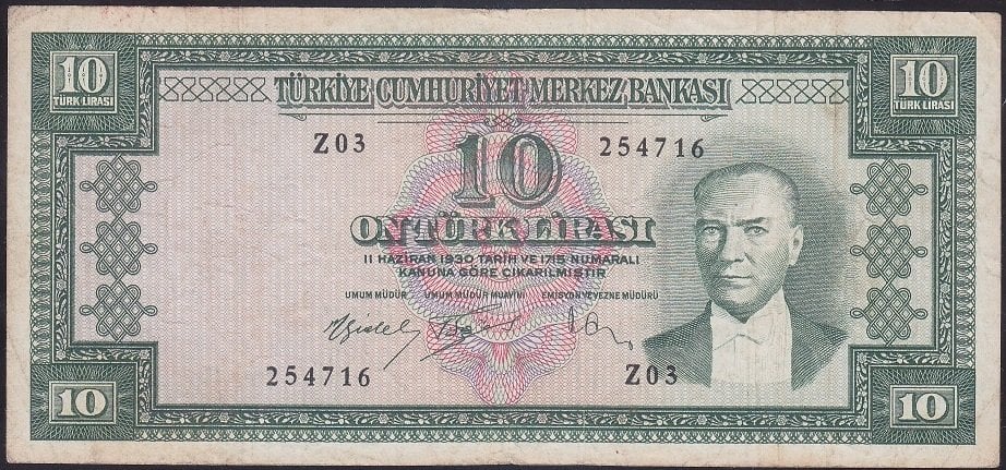 5.EMİSYON 4.TERTİP 10 LİRA Z03 254716 ÇOK TEMİZ