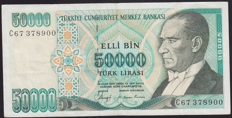 7.EMİSYON 1.TERTİP 50000 LİRA C67 378900 ÇOK TEMİZ +