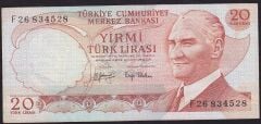 6.Emisyon 3.Tertip 20 Lira F26 834528 Çok Temiz+