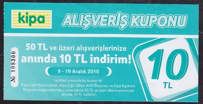KİPA ALIŞVERİŞ KUPONU 10 TL - 2010 eski para değerleri
