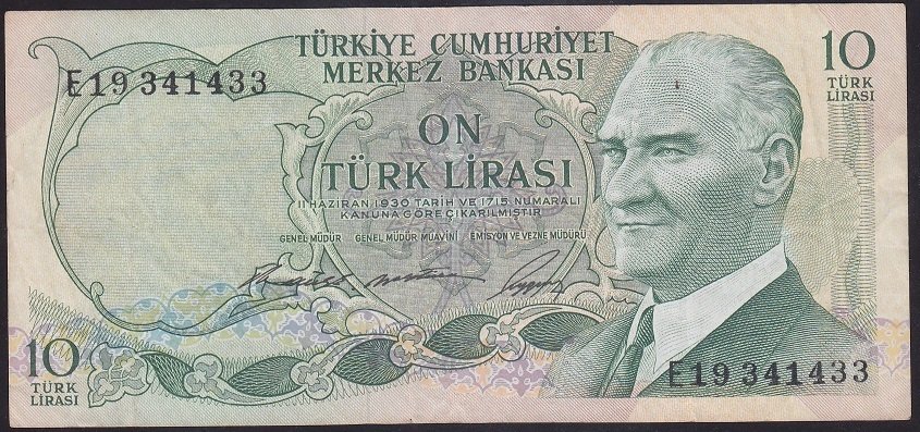 6.EMİSYON 1.TERTİP 10 LİRA E19 341433 ÇOK TEMİZ + eski kağıt para alan yerler