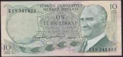 6.EMİSYON 1.TERTİP 10 LİRA E19 341433 ÇOK TEMİZ + eski kağıt para alan yerler