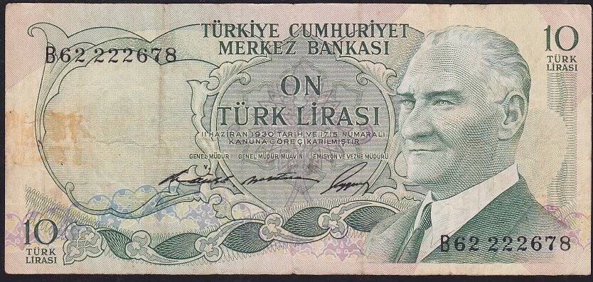 6.Emisyon 1.Tertip 10 Lira B62 222678 Çok Temiz