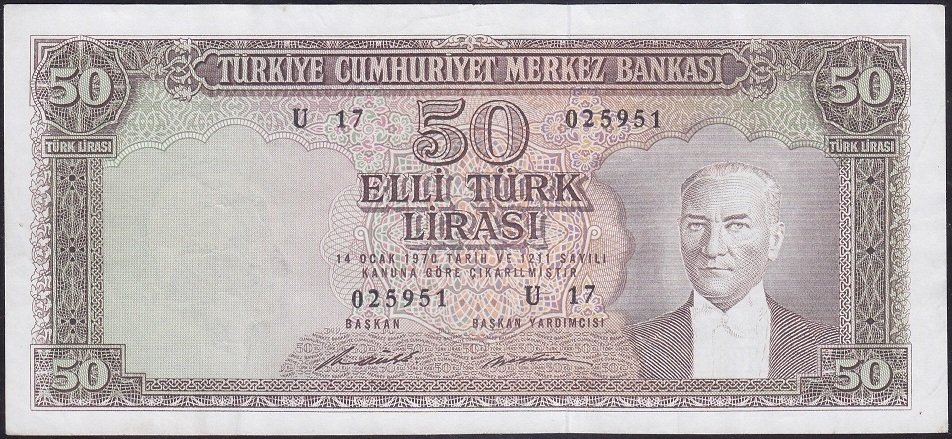 5.EMİSYON 7.TERTİP 50 LİRA U17 025951 ÇOK TEMİZ