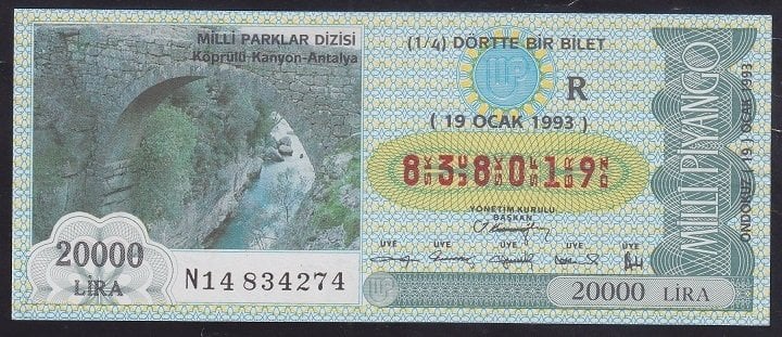 1993 19 Ocak Çeyrek Bilet - R Serisi - Köprülü Kanyon Antalya