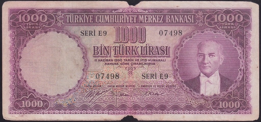5. EMİSYON 1000 LİRA E9 07498 TEMİZ