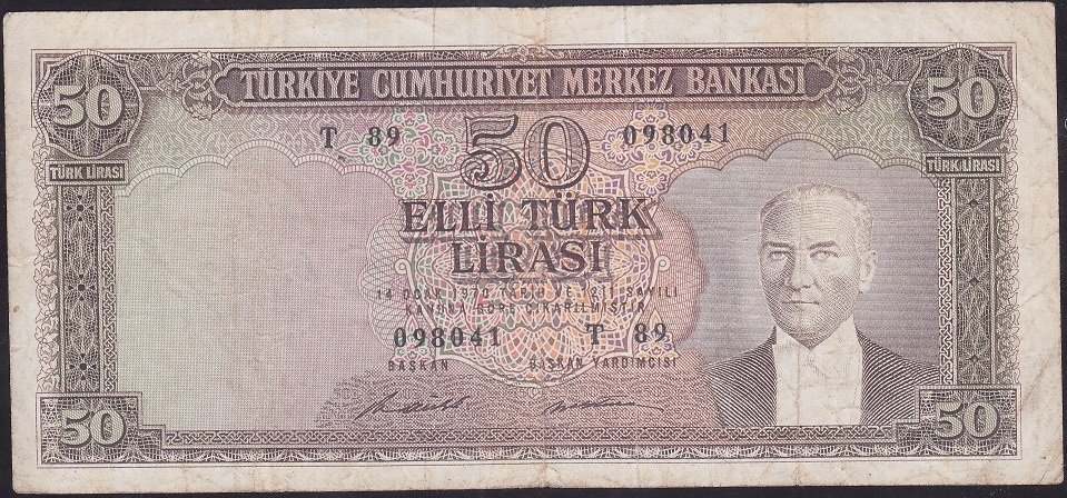 5.EMİSYON 7.TERTİP 50 LİRA T89 098041 ÇOK TEMİZ