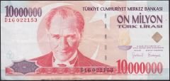 7.Emisyon 10 000 000 Lira D16 022153 Çok Temiz