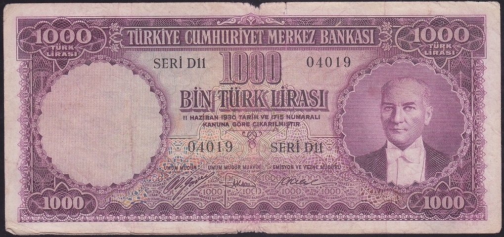 5. EMİSYON 1000 LİRA D11 04019 ÇOK TEMİZ