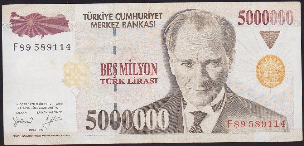 7.Emisyon 5 000 000 Lira F89 589114 Çok Temiz+