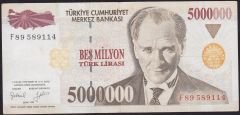 7.Emisyon 5 000 000 Lira F89 589114 Çok Temiz+