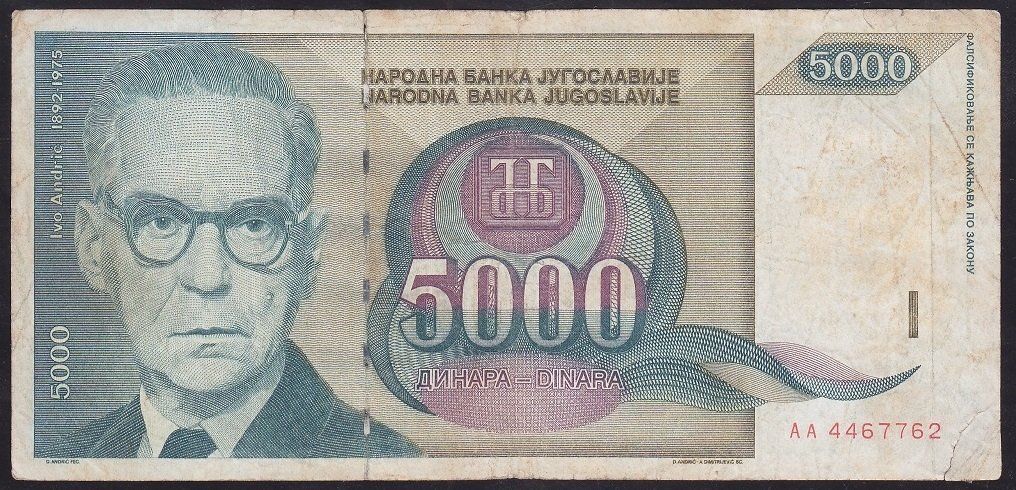 YUGOSLAVYA 5000 DİNAR 1992 TEMİZ
