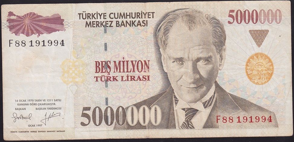 7.Emisyon 5 000 000 Lira F88 191994 Çok Temiz