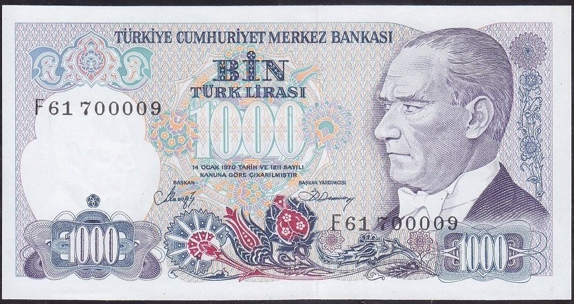 7.Emisyon 2.Tertip 1000 Lira F61 700009 Çil