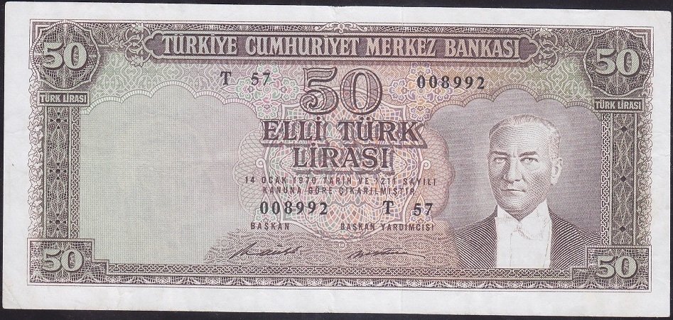5.EMİSYON 7.TERTİP 50 LİRA T57 008992 ÇOK TEMİZ