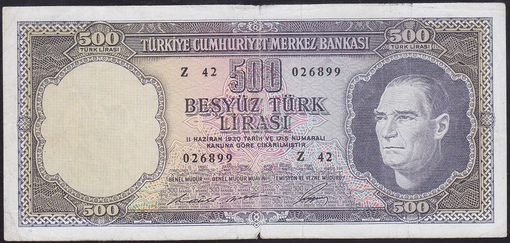 5.EMİSYON 4.TERTİP 500 LİRA Z42 026899 TEMİZ ( YIKAMA VAR )
