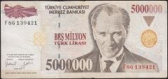 7.Emisyon 5 000 000 Lira F86 139421 Çok Temiz+