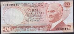 6.Emisyon 2.Tertip 20 Lira E63 038141 Ççt Çilaltı