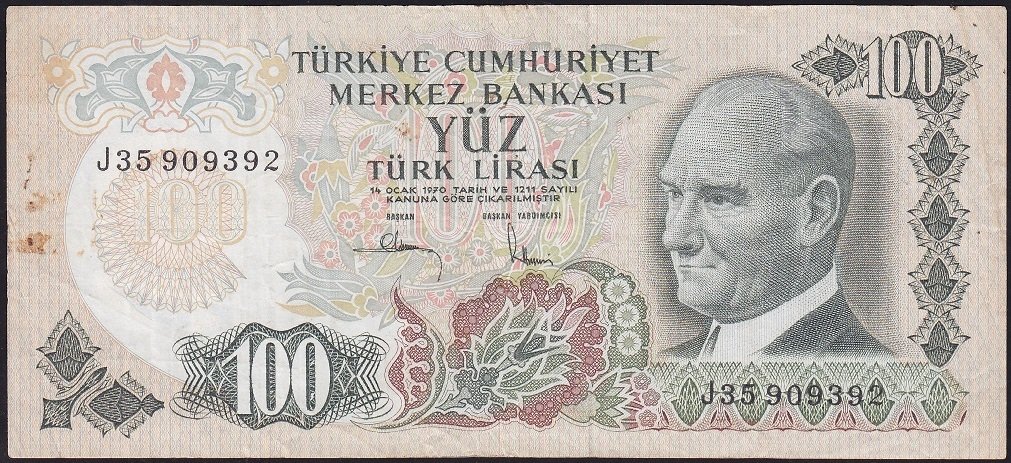 6.Emisyon 3.Tertip 100 Lira J35 909392 Çok Temiz