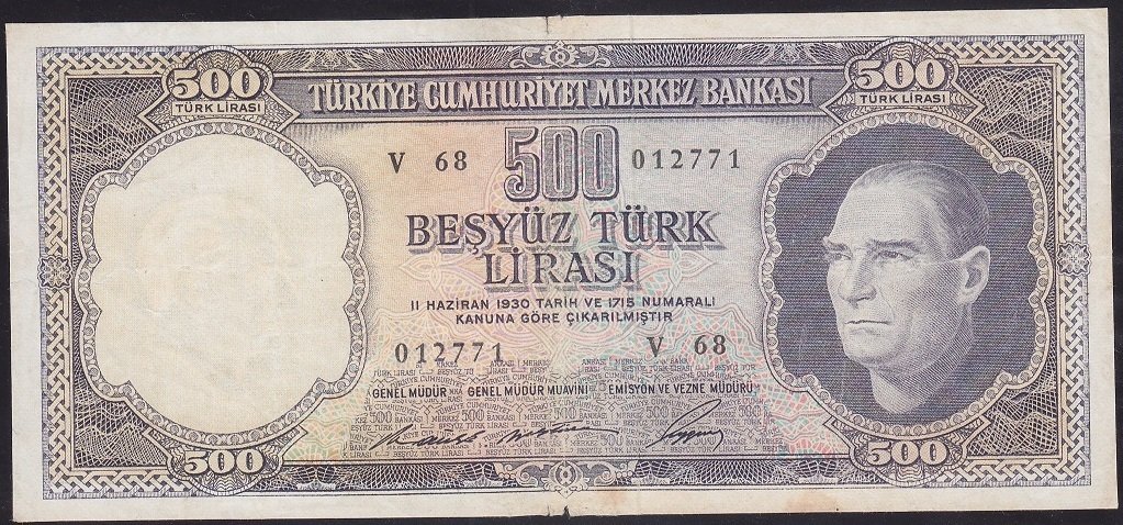 5.EMİSYON 4.TERTİP 500 LİRA V68 012771 HALİYLE  ( ÇERÇEVE KESİK )