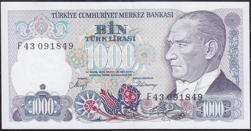 7.Emisyon 2.Tertip 1000 Lira F43 091849 Çil