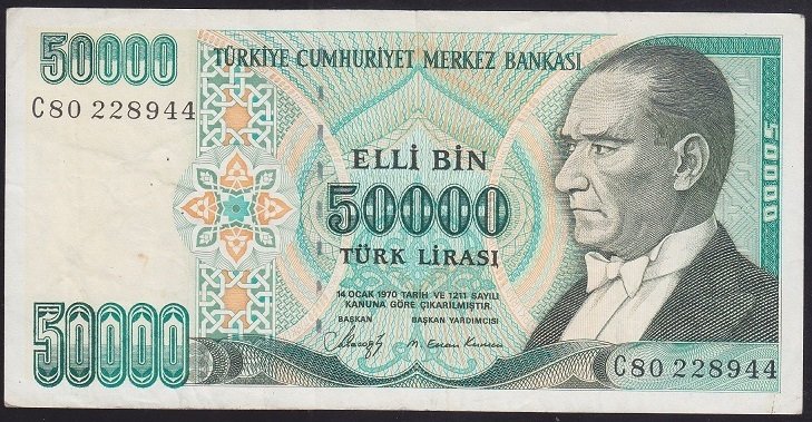 7.EMİSYON 1.TERTİP 50000 LİRA C80 228944 ÇOK TEMİZ +