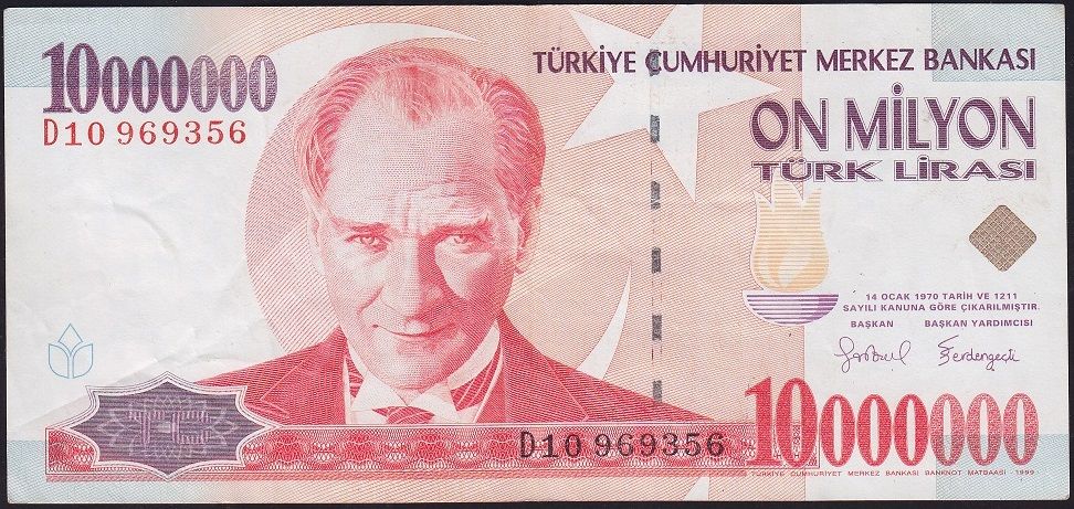 7.Emisyon 10 000 000 Lira D10 969356 Çok Temiz+
