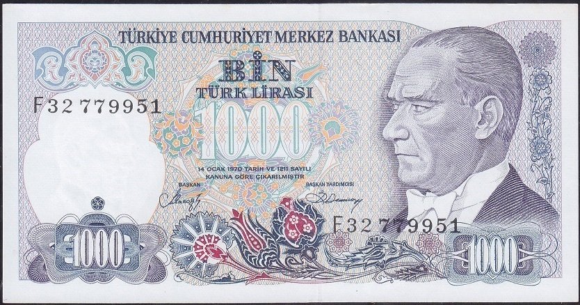 7.Emisyon 2.Tertip 1000 Lira F32 779951 Çil