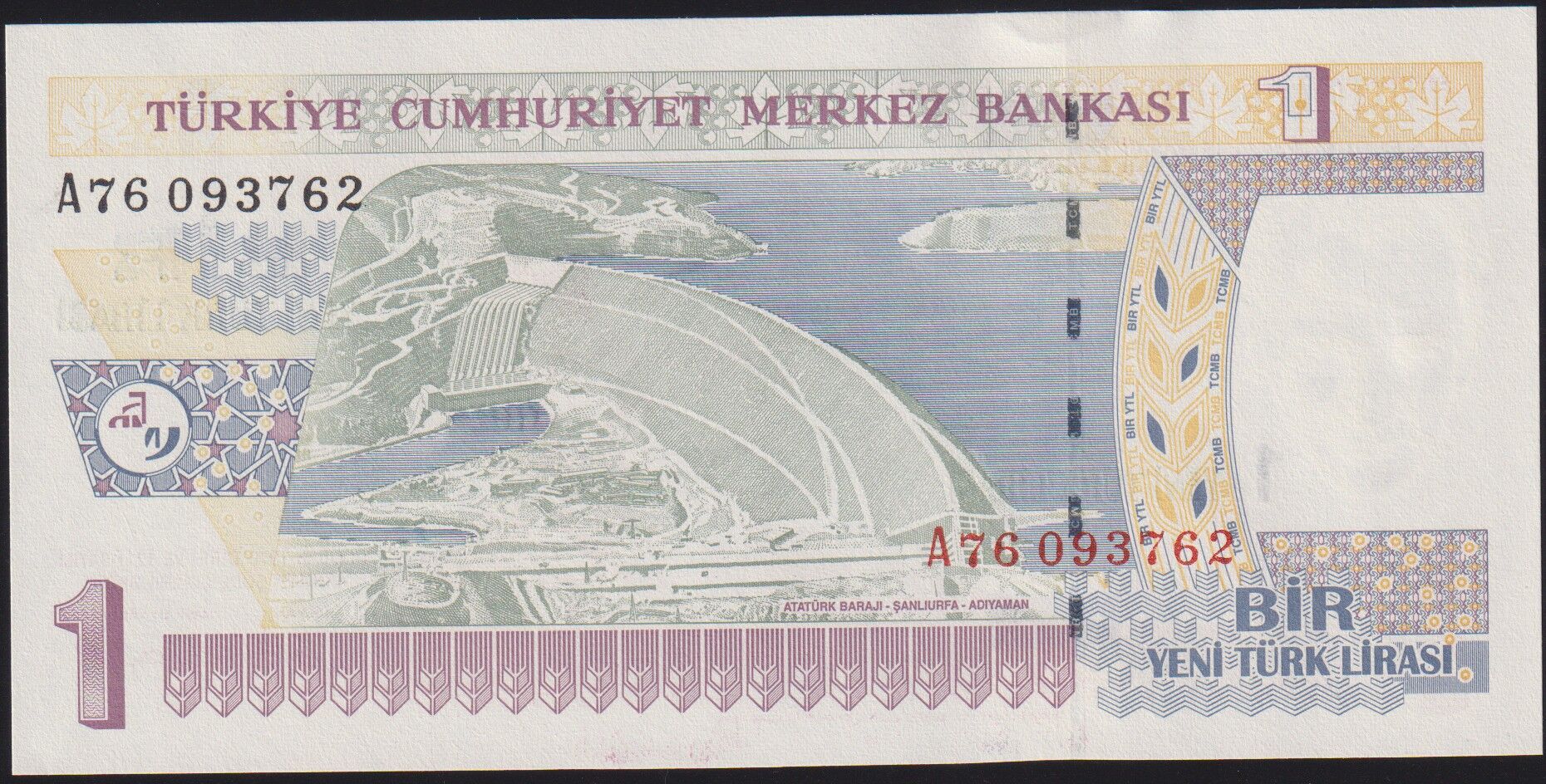 8.Emisyon 1 YTL A76 093762 Çil