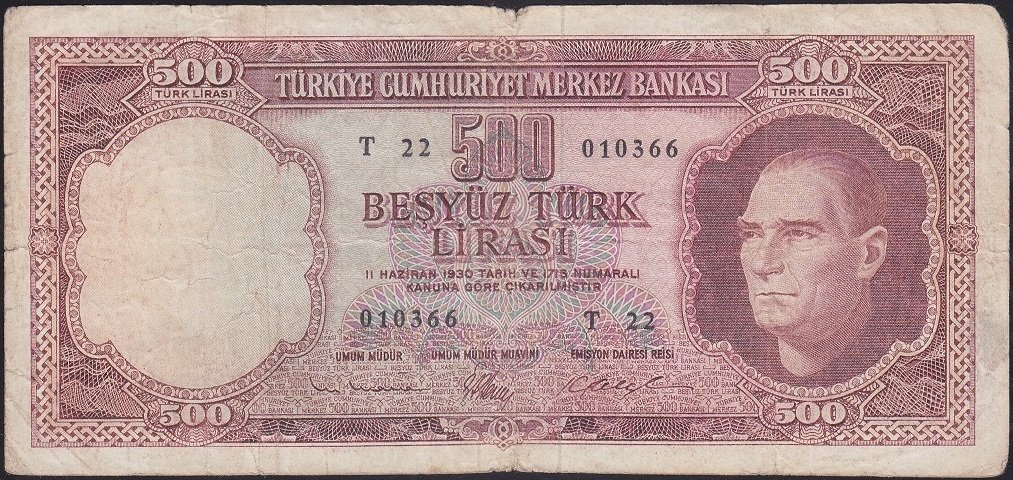 5.EMİSYON 3.TERTİP 500 LİRA T22 010366 TEMİZ