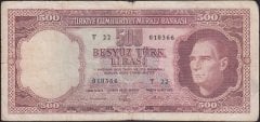 5.EMİSYON 3.TERTİP 500 LİRA T22 010366 TEMİZ