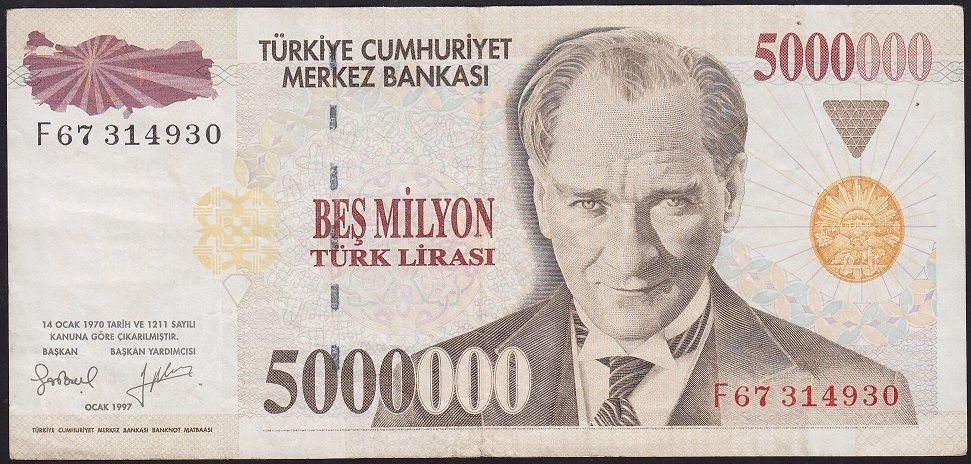 7.Emisyon 5 000 000 Lira F67 314930 Çok Temiz+