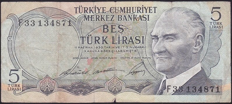 6.EMİSYON 1.TERTİP 5 LİRA F33 134871 TEMİZ