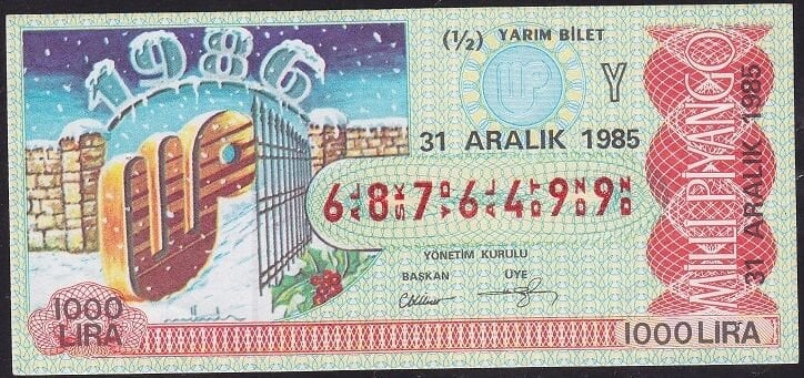 1985 31 Aralık Yarım Bilet - Y Serisi - Filigranlı 10 Lira Kağıdı