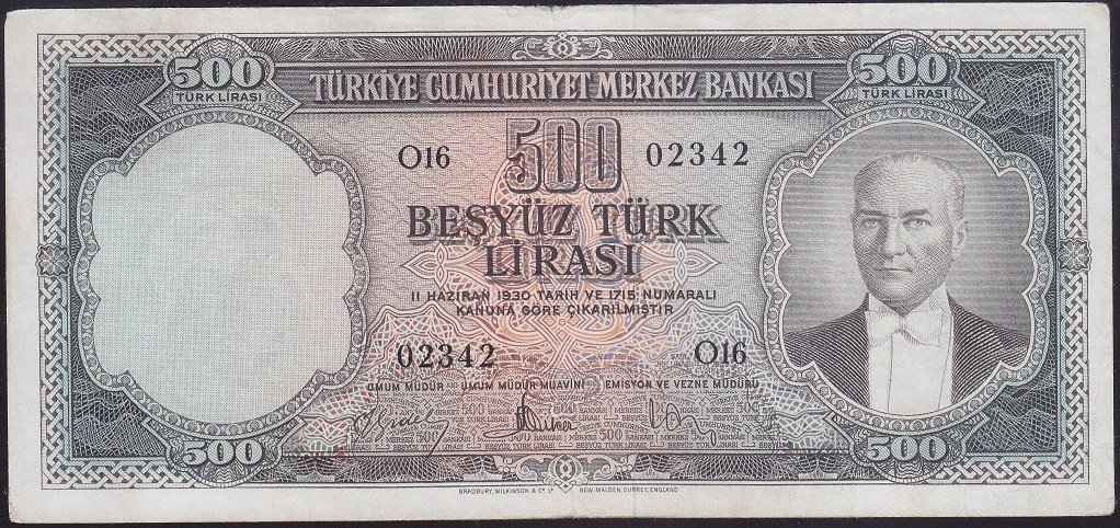 5.EMİSYON 2.TERTİP 500 LİRA O16 02342 ÇOK TEMİZ ( DÜZLENMİŞ )